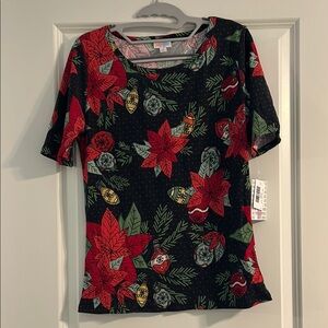 LuLaRoe Black and Red Poinsettia and Ornament Fitted Gigi Graphic Tee